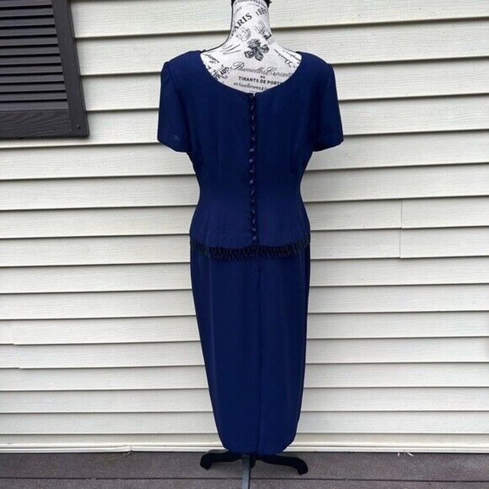 Navy blue vintage donna Morgan short sleeve round neck midi dress w/ beaded - Picture 2 of 9